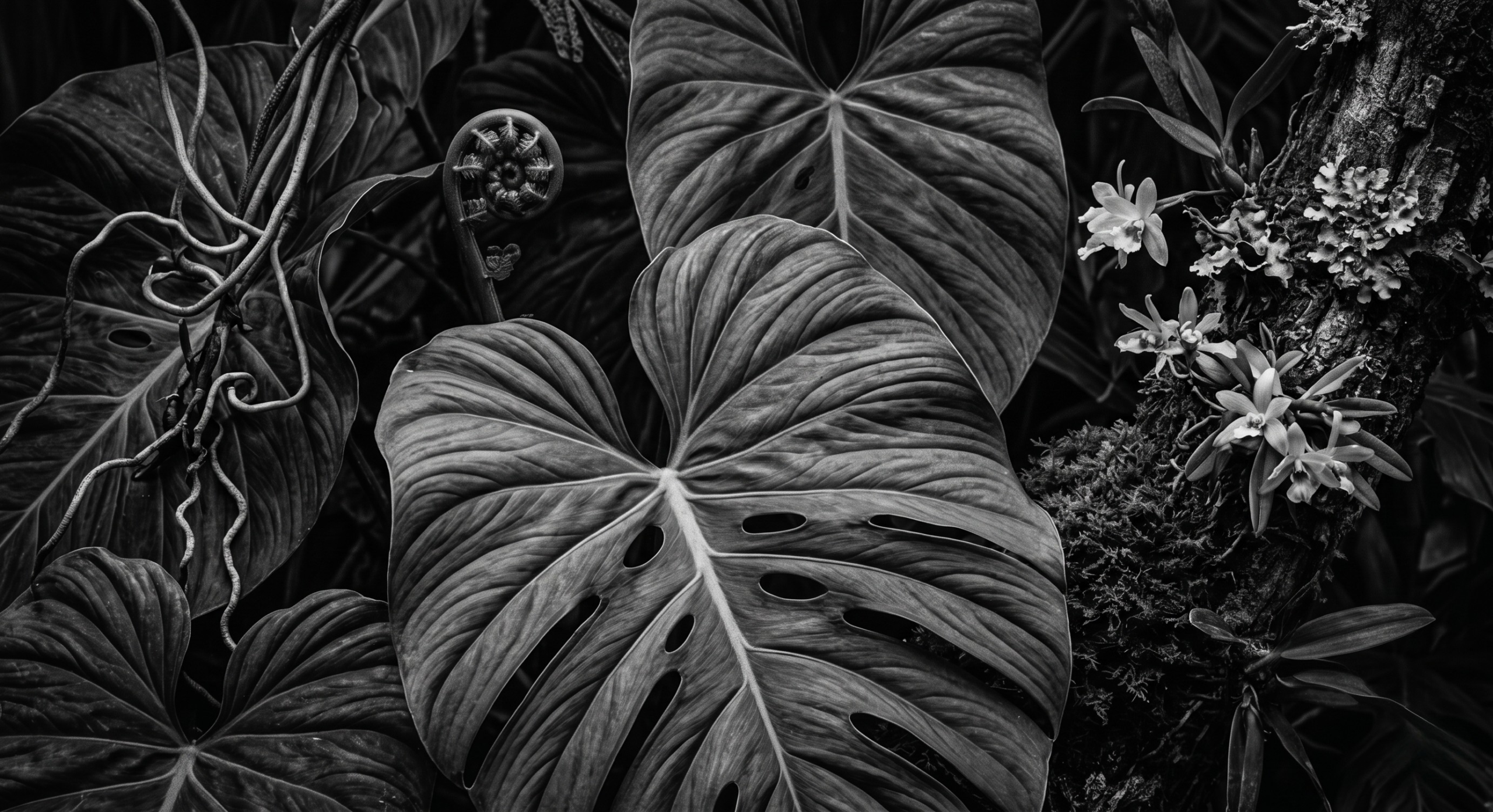 Tropical leaves and water lilies